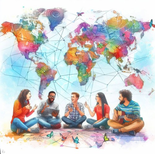 A group of educators having a discussion with a map of the world behind them.